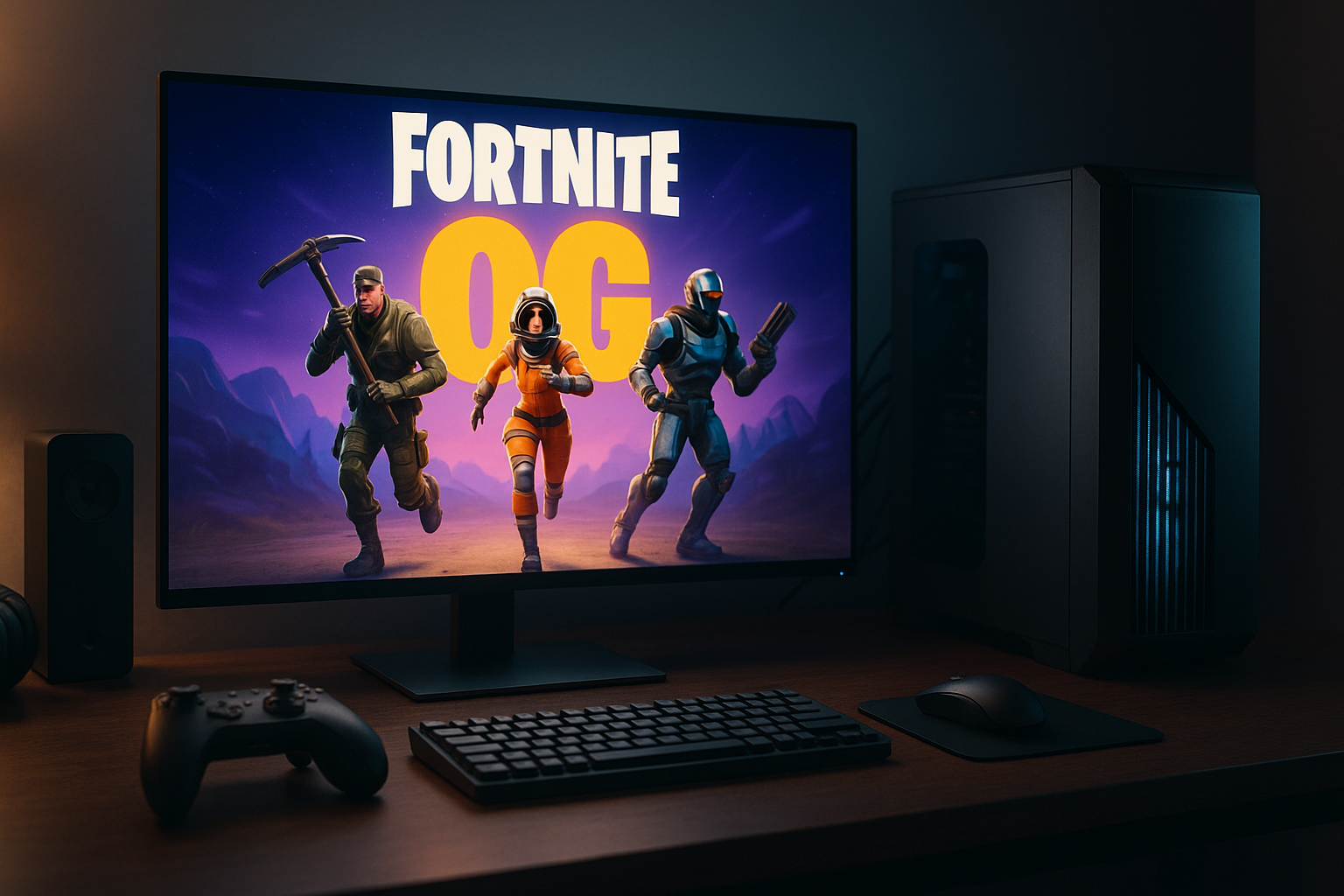 Photorealistic gaming image inspired by the article: Fortnite OG Season 9: Επιστροφή με νέο OG Pass και ζωντανά events