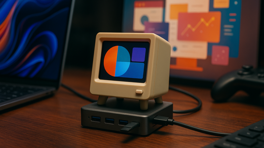 Photorealistic technology image inspired by the article: Mini οθόνη 3,5 ιντσών με retro αισθητική και USB hubs σε προσφορά
