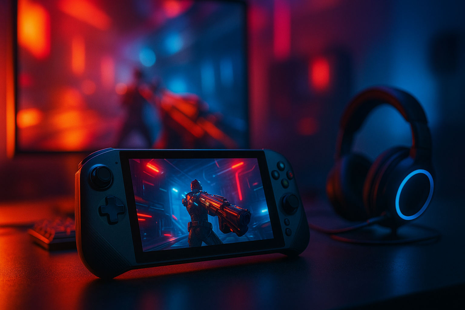 Photorealistic technology image inspired by the article: Ανασκόπηση MSI Claw 8 EX AI+: Απόδοση και σταθερότητα σε φορητό gaming PC