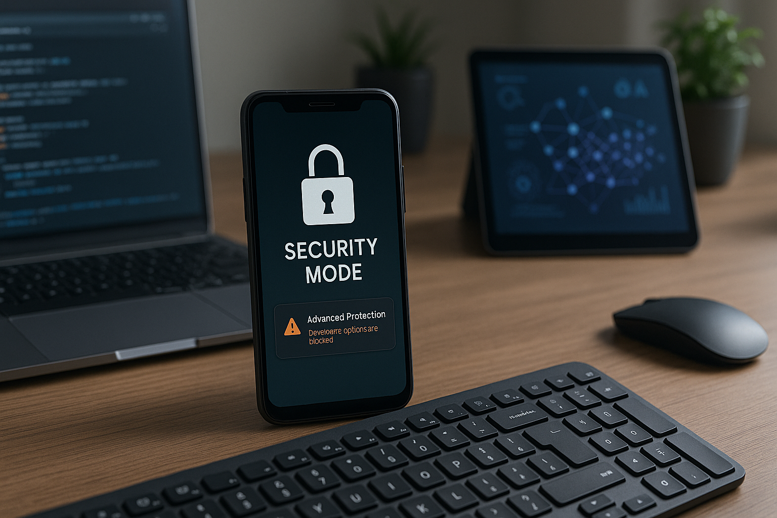 Photorealistic technology image inspired by the article: Το πιο ισχυρό security mode του Android θα μπλοκάρει τις Developer Options