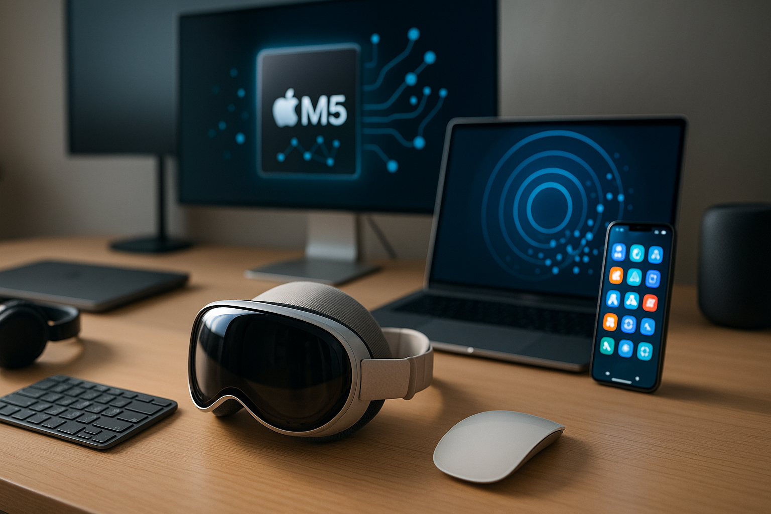Photorealistic technology image inspired by the article: visionOS 27 φέρνει δύο νέα πλεονεκτήματα στο M5 Vision Pro της Apple