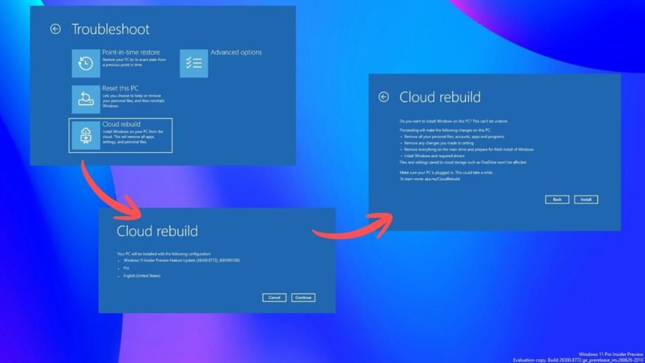 Photorealistic technology image inspired by the article: Cloud Rebuild: Η νέα λειτουργία των Windows 11 για εύκολη ανάκτηση χωρίς USB.