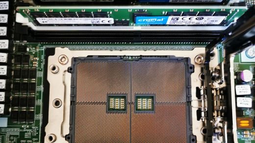 High-resolution image showing a close-up view of a computer server's processor and RAM assembly.