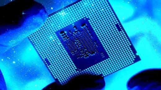 Photorealistic technology image inspired by the article: Το νέο Intel Starfire SoC φέρνει υπολογιστική ισχύ διαστημικής κλάσης.