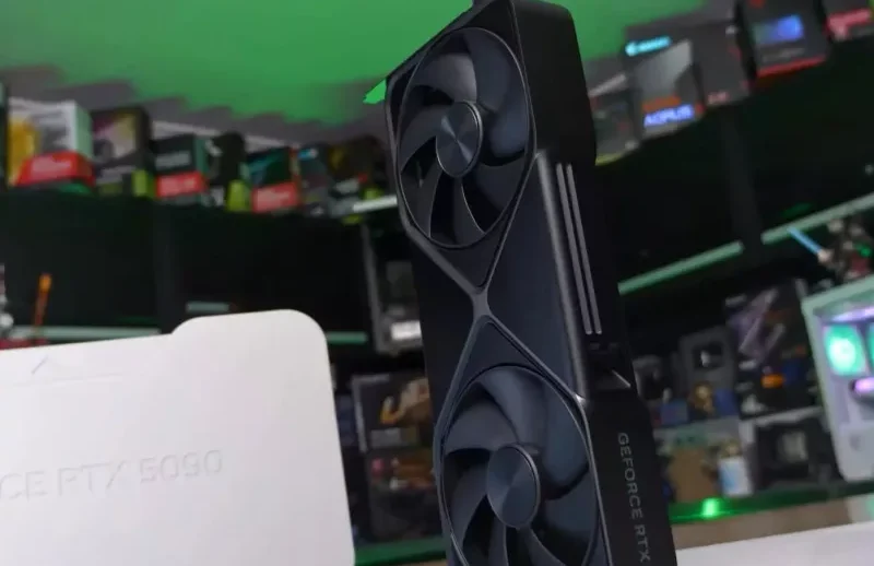 Photorealistic technology image inspired by the article: Nvidia GeForce RTX 5090 SE: Ισχυρή κάρτα γραφικών με €500 χαμηλότερη τιμή.