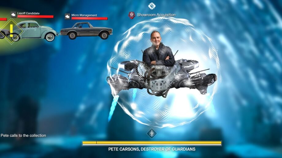 Photorealistic gaming image inspired by the article: Πρόσκληση στο παράξενο τελικό raid του Destiny: Vault of Cars από Pete Carsons.