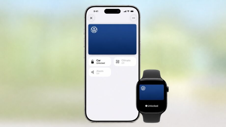 Photorealistic technology image inspired by the article: Η Volkswagen ετοιμάζει κλειδιά αυτοκινήτου μέσω Apple Wallet στο iPhone.