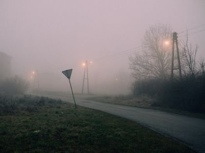 Moody fog envelops a rural street at night, illuminated by street lamps.